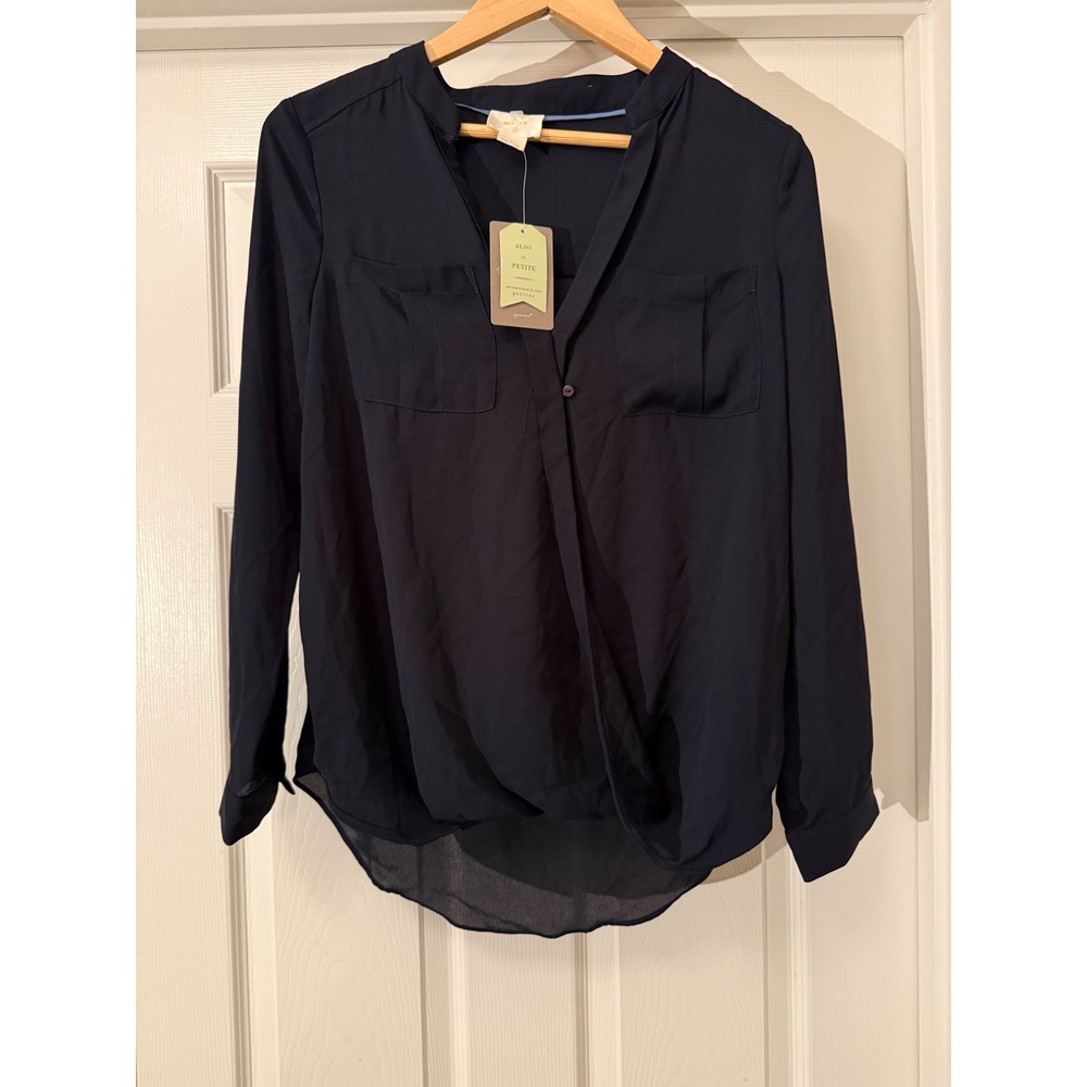 Maeve Blouse Womens 8 Navy Blue Surplice High-Low Long Sleeve Wrap Top NWT